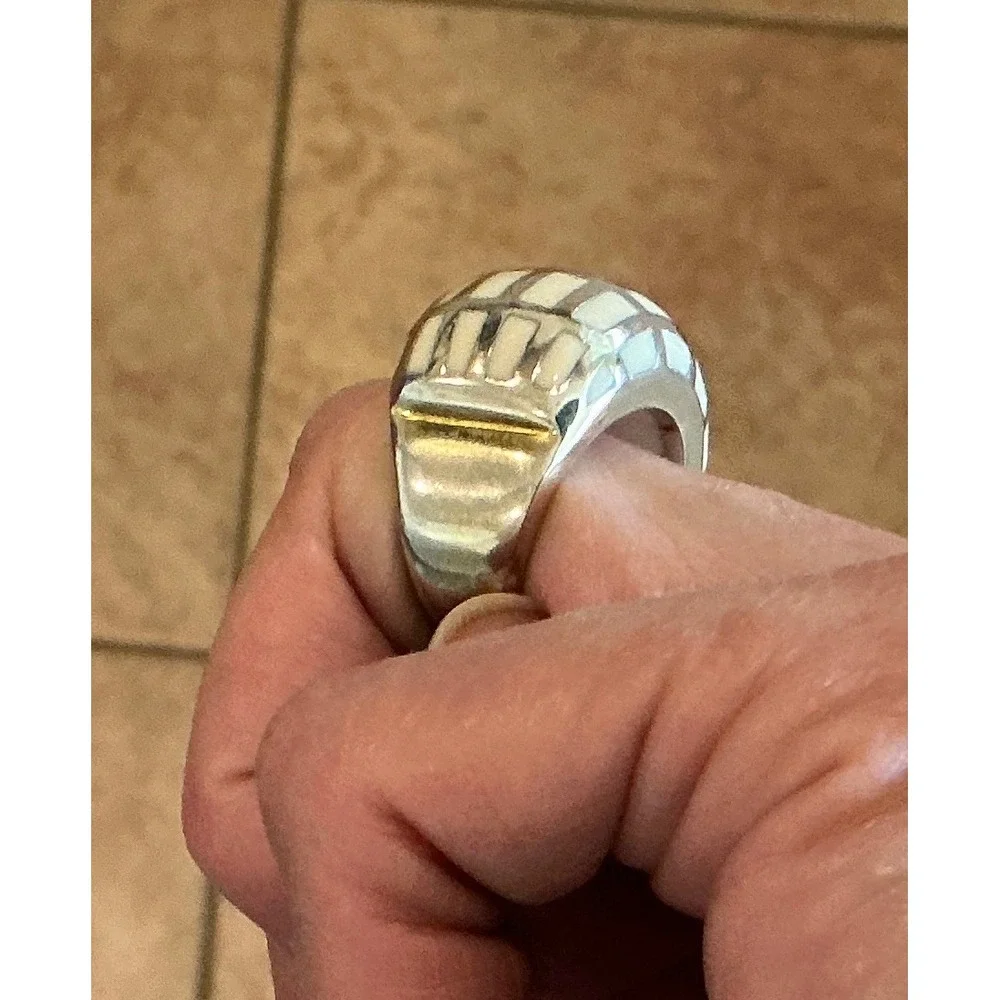 Chunky Stainless Steel Ring White‎ Brick Pattern Statement Band Size 7